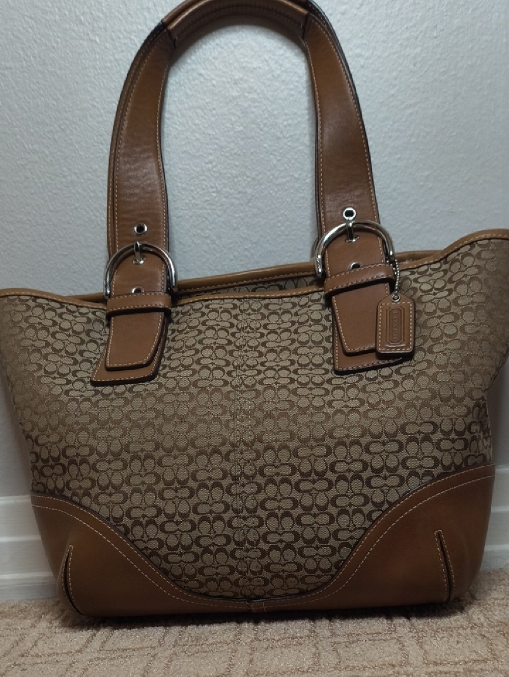 Coach Vintage Brown Signature Monogram Tote with Tan Leather Trim